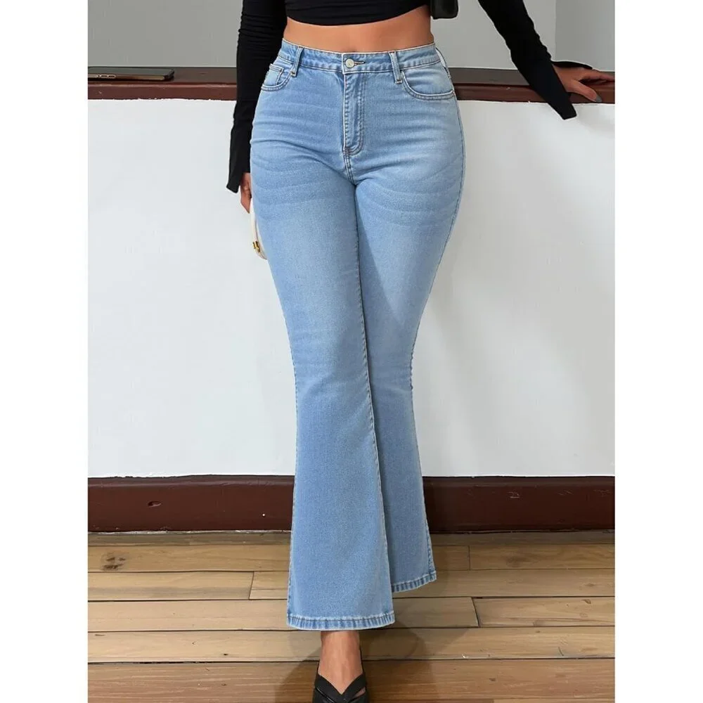 Women Flared Jeans Mid-High Waist Y2K 90s Denim Pants Casual Trendy